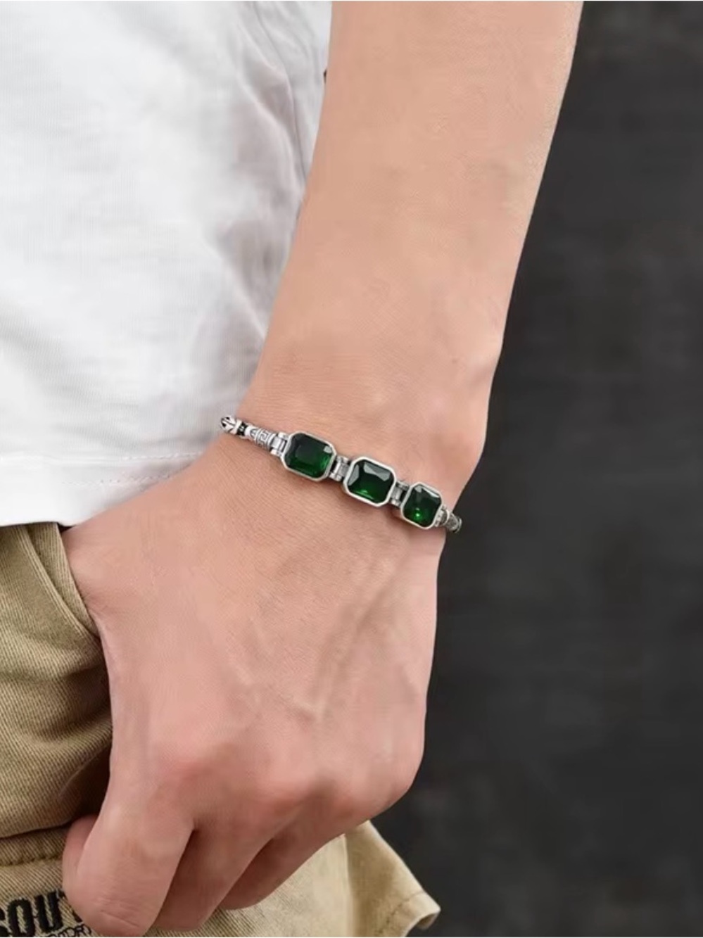 Men's Bracelet with Green Stones